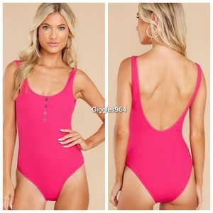 L*Space Float On Ribbed Henley Button One Piece Swimsuit Bougainvillea Pink